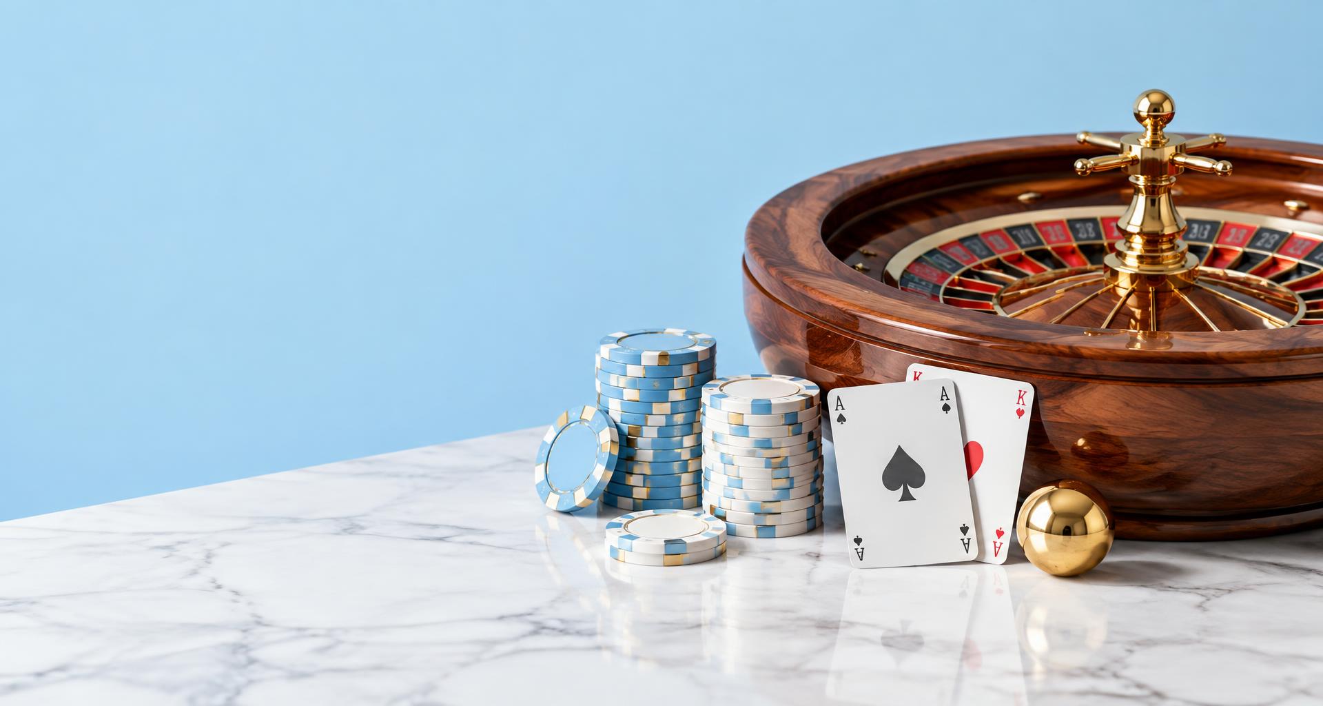 Ruleta, cartas y fichas celestes y blancas con detalles dorados